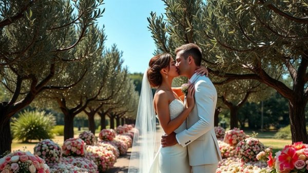 Romantic Sicilian wedding venue with bride and groom kissing.