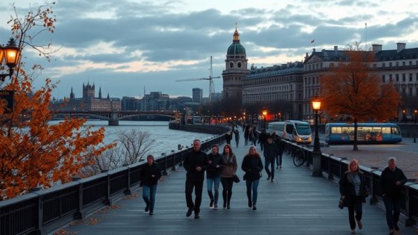 Scenic South Bank evening promenade with river and cityscape.