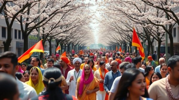 Vancouver Vaisakhi Parade with festive crowd and cherry blossoms.