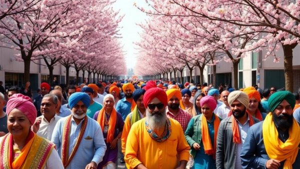 Vancouver Vaisakhi Parade with colorful turbans and crowd under cherry blossoms.