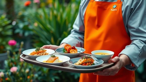 Chef with Aujasya apron presenting gourmet wellness meal outdoors.