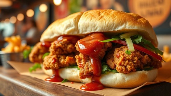 Crispy fried chicken sandwich in vibrant setting, showcasing new restaurant offerings for Vancouver 2026.