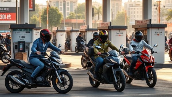 Urban fuel station bustling with motorbike riders and staff interaction.