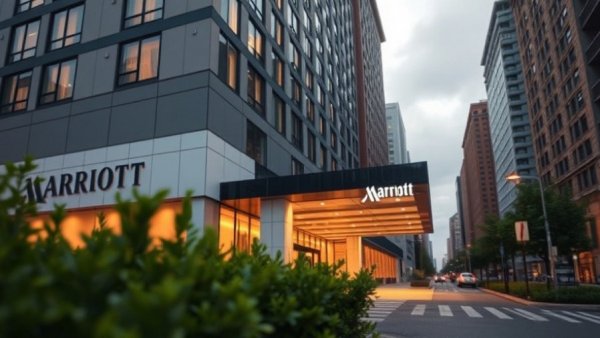 Modern hotel facade with Marriott signage in North Alabama, evening light setting.