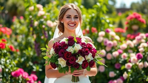 Bride with plum wedding colors bouquet in a garden.