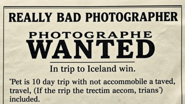 Humorous ad seeking a really bad photographer for Iceland trip.