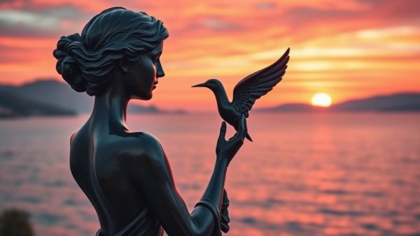 Bronze sculpture against vibrant sunset in Zagreb to Dubrovnik journey.