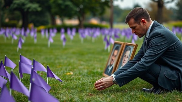 Memorial portraits arranged in a park for B.C. toxic drug crisis awareness.