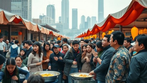 Vancouver Spot Prawn Festival crowd at cooking demo, city skyline backdrop.