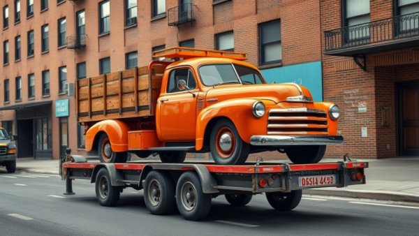 Vintage truck on trailer for vehicle logistics in urban setting.