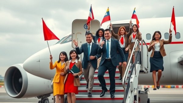 Virgin Atlantic crew and officials waving flags while disembarking the airplane