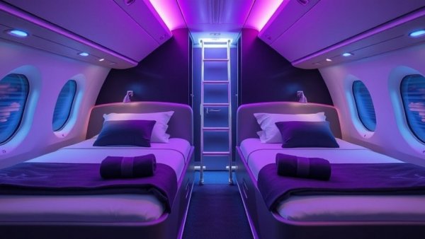 Air New Zealand Skynest Economy Bunk Beds with ambient lighting.