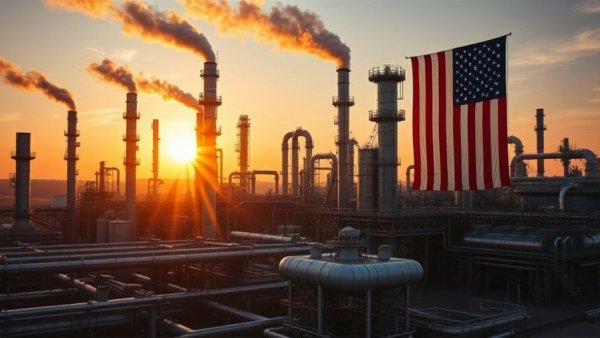 U.S. refinery with American flag at sunset, illustrating Iran war economic impact on U.S.