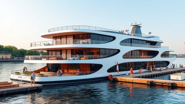 Modern Vancouver floating hotel docked on tranquil waterfront.