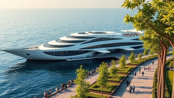 Modern floating hotel in Vancouver with landscaped paths and sleek design.