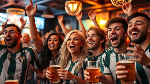 Football fans in West Ham jerseys celebrate in a vibrant pub.