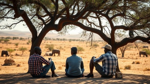 People chatting under an acacia tree during an adventure in Kenya.
