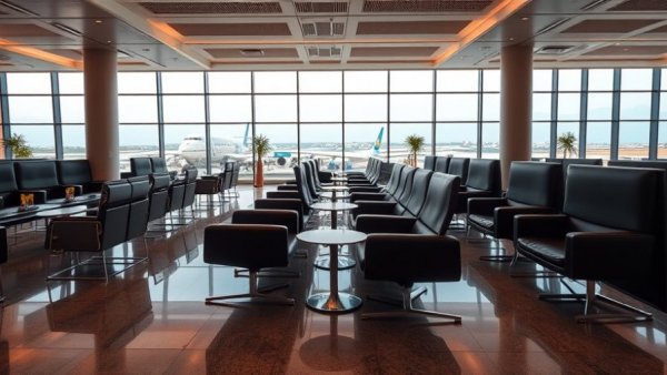 United Airlines Polaris Lounge showing spacious seating and view.