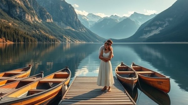 Bride and groom embracing on a mountain dock for a destination wedding packing guide.