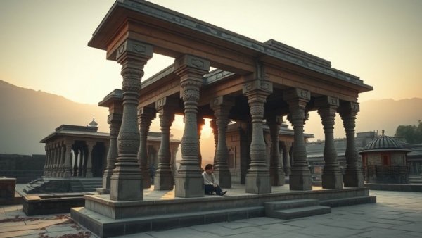 Ancient temple in Garhwal during Panch Badri Yatra with a seated visitor
