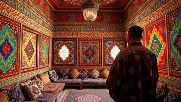 Traditional Libyan interior with geometric patterns and vibrant colors, Travel to Libya in 2026.