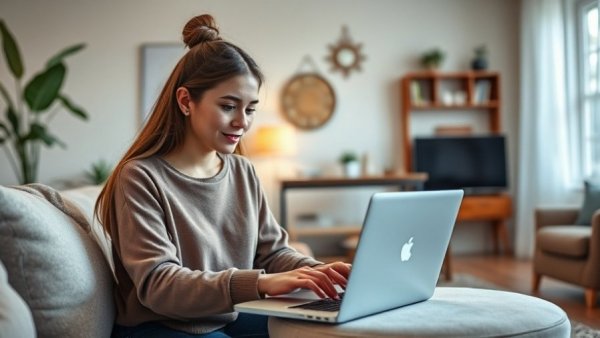 Young woman working on laptop at home, realistic money-making ideas.