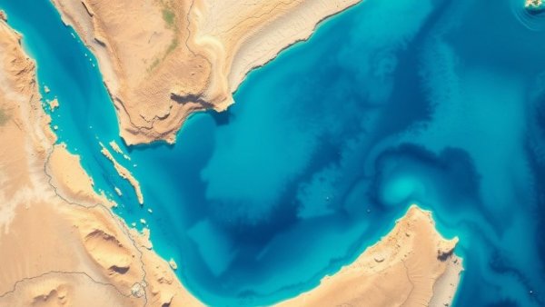 Aerial view of Strait of Hormuz highlighting geographic features.