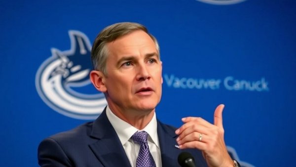 Vancouver Canucks coaching change press conference with serious man in suit.