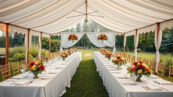 Puglian wedding setup with floral decorations under a canopy.