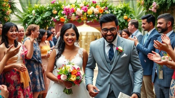 Multicultural wedding with joyful couple under confetti shower.