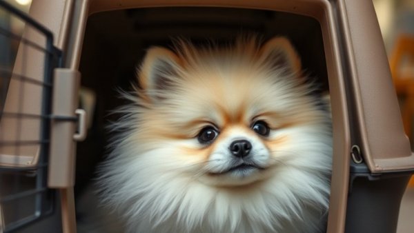 Fluffy Pomeranian in carrier, travel with pets, photorealistic.