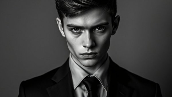 Serious young man in black and white, formal attire.