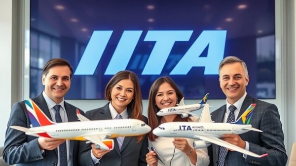 Executives showcasing model planes at ITA Airways event.