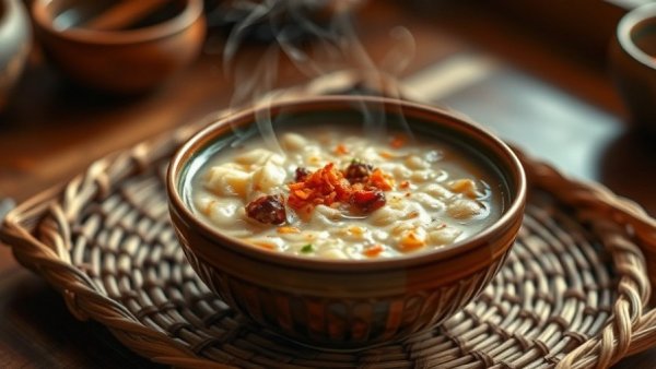Savory congee with chili oil at congee pop-up North Vancouver.
