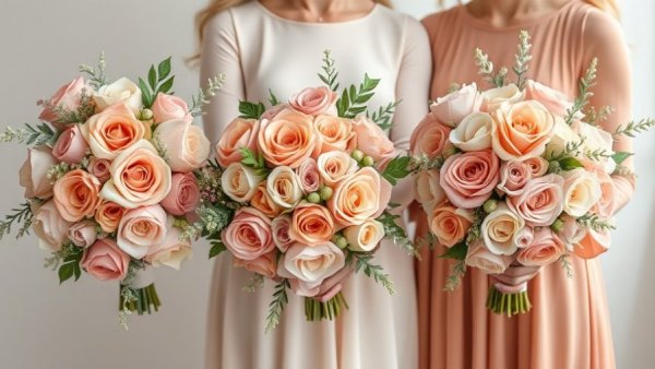 Organic peach and blush wedding flowers in elegant bouquets.