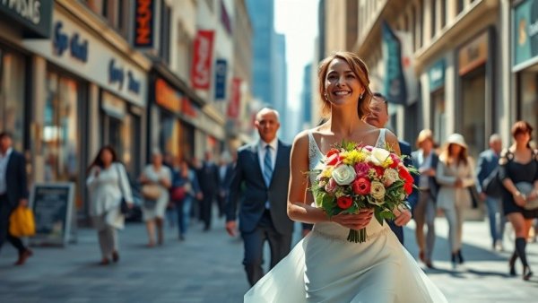 Bride walking down street with bouquet on wedding day