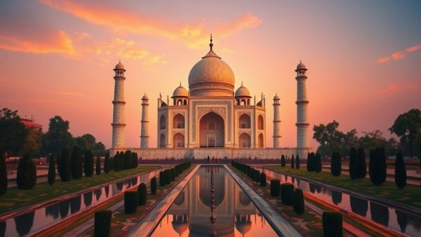 Taj Mahal at sunset reflecting on water, luxury travel to India.