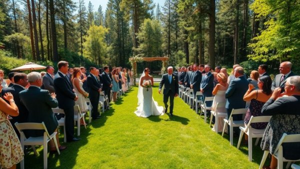 Black-tie coastal wedding with guests on green lawn under large tree.