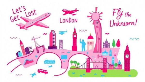 Colorful Wizz Air mystery getaway map with London landmarks.