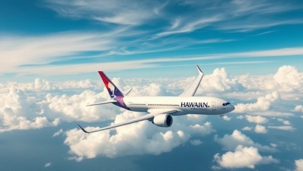 Hawaiian Airlines aircraft in flight under clear skies, ocean below.