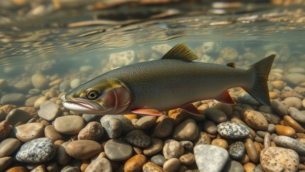 Underwater view of salmon in riverbed on Vancouver Island.