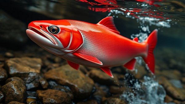 Vancouver Island salmon in rocky riverbed underwater scene, low snowpack impact.