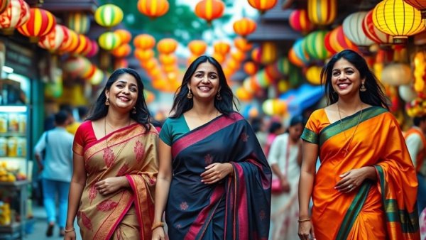 Indian travelers enjoying an Asian summer festival, vibrant atmosphere.