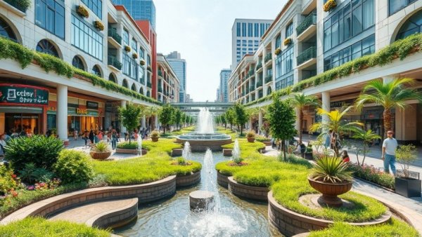 Modern mall with greenery showcasing greener mobility habits