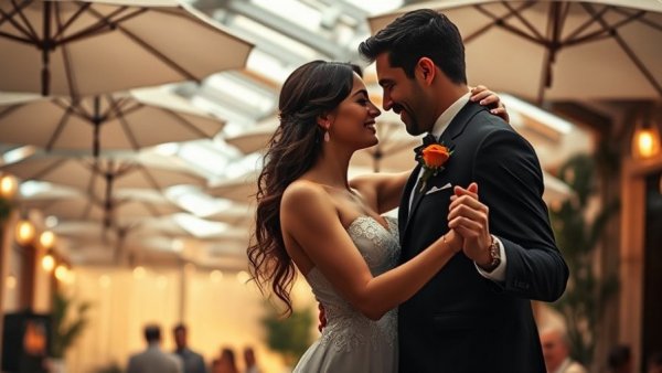 Eco-friendly wedding ideas with dancing couple and umbrella decor.