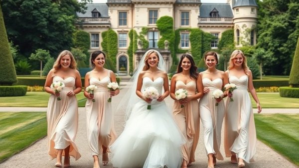 Pastel summer wedding scene with bride and bridesmaids outside.