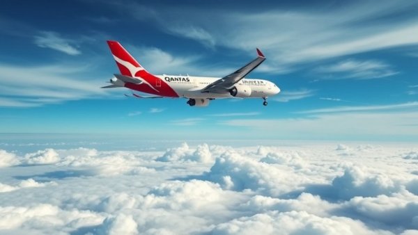 Qantas airplane cruising in clear sky with clouds below.