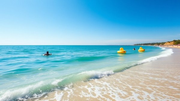 Sunny beach near Manila with swimmers and inflatables.
