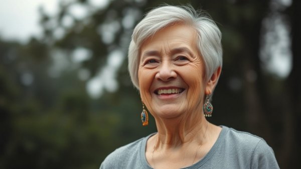 Elderly woman with colorful earrings outdoors, serene expression.