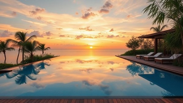 Infinity pool at Polo Hotels brand revamp with sunset view.